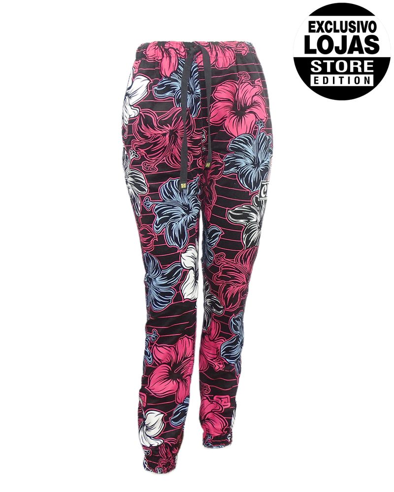 Calca-Feminina-Cyclone-Veludo-Slim-Flower-Logos-Light-Preto-Rosa