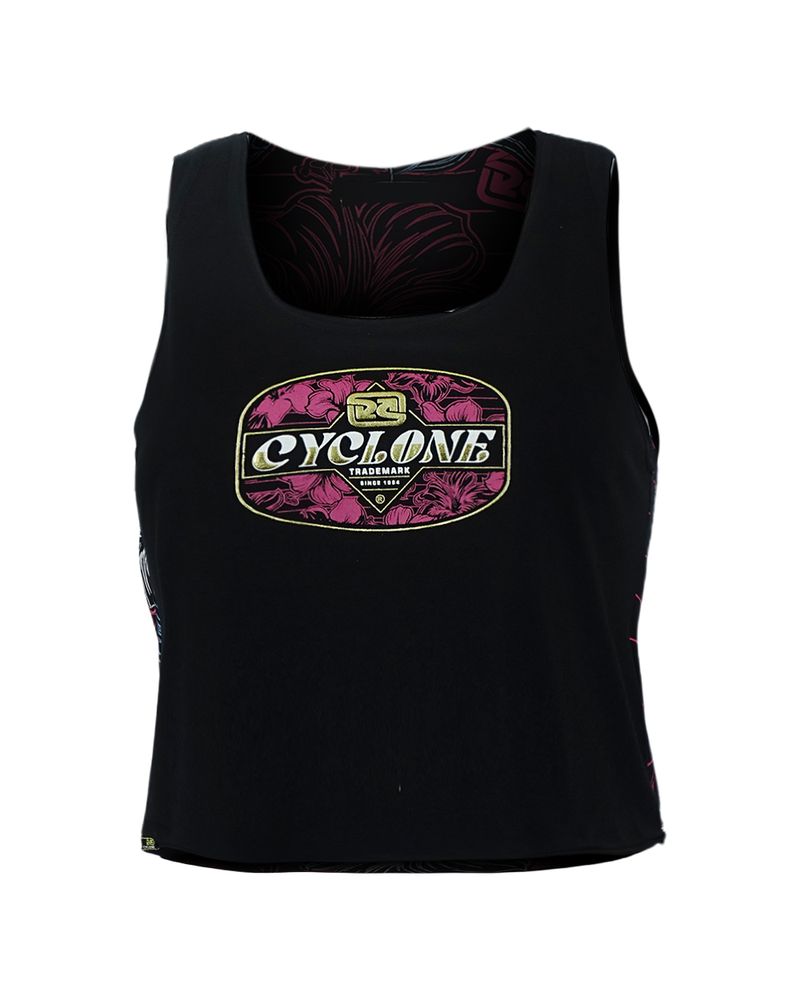 Frente-Regata-Feminina-Cyclone-Cropped-Full-Flower-Logos-Preto-Rosa