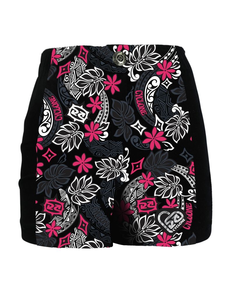 Frente-Short-Feminino-Cyclone-Veludo-Hawaiian-Flower-Light-Preto-Rosa