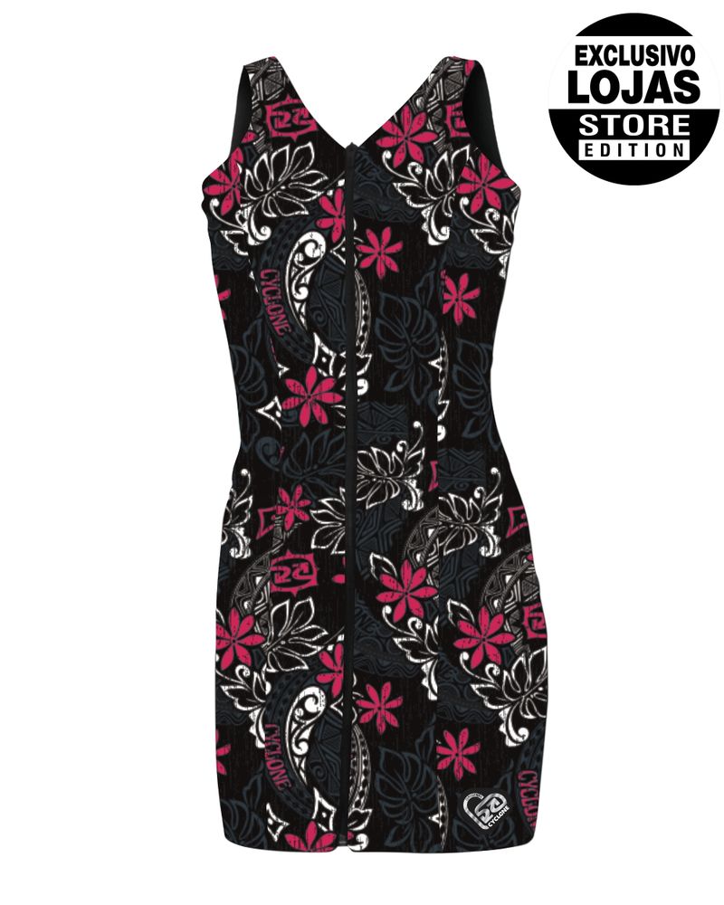 Frente-Vestido-Cyclone-Cotele-New-Zip-Hawaiian-Flowers-Preto-Rosa