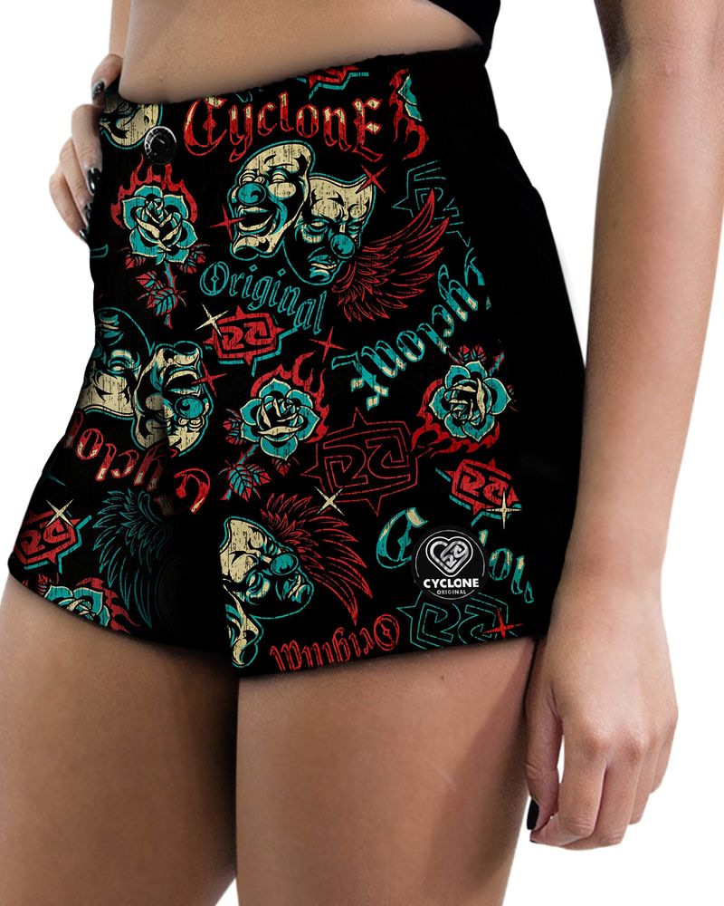 Short-Feminino-Cyclone-Veludo-Chicano-Tattoo-Light-Preto-Vermelho