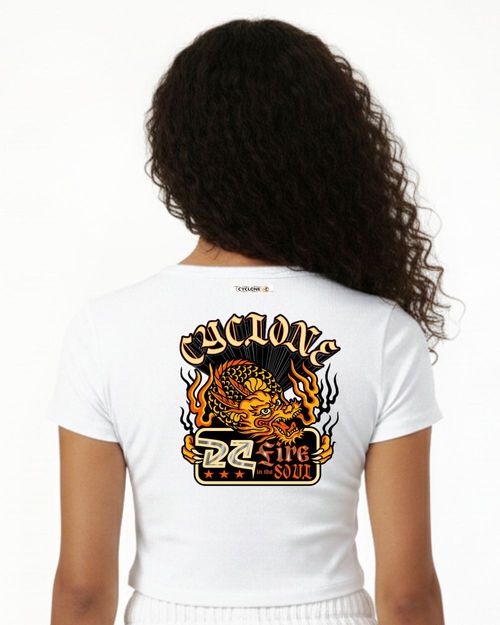 (NOVO) Baby Look Cyclone Cropped Fire Dragon Metal - BRANCO